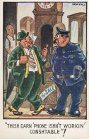 Phone Broken Disaster Policeman Grandfather Clock Old Comic Postcard - Humor