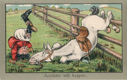 Jockey Horse Race Racing Jump Accident Old Disaster Comic Postcard - Humor