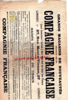 87 - LIMOGES - GRANDS MAGASINS NOUVEAUTES COMPAGNIE FRANCAISE 27 RUE HAUTE VIENNE-CONFECTIONS TISSUS-IMAGERIE EPINAL - Textile & Clothing