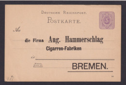 Bremen Deutsches Reich Privatganzsache Reklame Aug. Hammerschlag Cigarren Fabrik - Brieven En Documenten