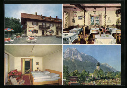 AK Grainau, Café-Restaurant-Pension Edelweiss, Waxensteinstr. 23, Innenansichten Und Terrasse, Bergpanorama  - Autres & Non Classés