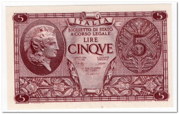 ITALY,5 LIRE,1944,P.31,UNC - Italia – 1 Lira