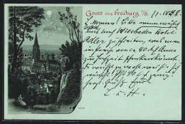 Mondschein-Lithographie Freiburg I. B., Das Münster Vom Berg Aus, Ehepaar Beim Ausflug  - Freiburg I. Br.