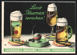 Künstler-AK Grenzquell-Brauerei Wernesgrün Werbung, Biergläser Mit Schaumkrone, Aschenbecher Mit Zigarette  - Other & Unclassified