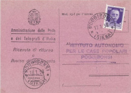 POGGIBONSI - SIENA - ISTITUTO AUTONOMO PER LE CASE POPOLARI - RICEVUTA DI RITORNO DI RACCOMANDATA - 1938 - Siena