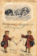 Tiere: Welpenköpfe Und Zwei Briefträger Prägekarte Gl1902 #150.592 - Autres & Non Classés