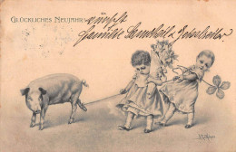 Tiere: Schwein Mit Kindern, Rosen Und Kleeblatt Neujahrskarte Gl1903 #150.891 - Autres & Non Classés