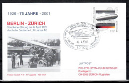 2001 Berlin - Zurich    Lufthansa First Flight, Erstflug, Premier Vol ( 1 Cover ) - Other (Air)