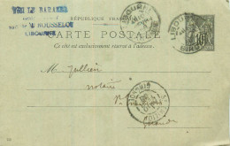 Carte Entier Postal France 10 Cts  Oblitéré Timbre LIBOURNE 1898 Noel LE BARAZER à JULLIEN Notaire - Letter Cards
