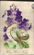 Feliz Anno Novo - Carte Avec Fleurs (violettes) Et Fer à Cheval En Relief - Nouvel An