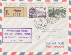 France Registered Cover First Air France Flight Caravelle  Paris - Rome - Athenes - Istanbul 6-5-1959 - Covers & Documents