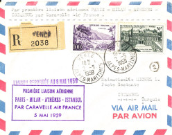 France Registered Cover First Air France Flight Caravelle  Paris - Milan - Athenes - Istanbul 5-5-1959 - Lettres & Documents