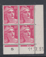 France N° 887 XX  Marianne Gandon 18 F. Rose Carmin  En Bloc De 4 Coin Daté Du 11 . 7 . 51 , 3 Points Blancs Ss Cha., TB - 1940-1949