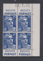 France N° 886a XX  Marianne Gandon 18 F. Outremer Bande Pub. En Bloc De 4 Carnet Daté Du 22 . 7 . 52 , Ss Cha., TB - 1940-1949