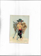 Carte Postale Années 70 Brodée Jeune Homme Avec âne - Embroidered