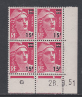 France N° 968 XX  Mari. Gandon 15 F. Sur 18 F. Rouge En Bloc De 4 Coin Daté Du 28 . 9 . 51 , 1 Point Blanc Sans Cha., TB - 1940-1949