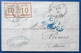 ALSACE LORRAINE Lettre N°5 Paire Oblit CAD Bleu !! Allemand STRASSBURG IM ELSSAS 6 12 1871 Pour REIMS Taxe 25 En Bleu ! - Andere & Zonder Classificatie