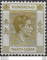 1938 Hong Kong George VI 30c. Yellow Olive MNH SG N. 151 - Andere & Zonder Classificatie