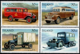 Island 1992 Mail Cars And Buses 4-block MNH Ford TT, Citroen Snowcat, Postbus RE 231, Ford Linebus - Coches