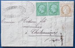 Lettre Napoleon Paire N°35 5c Vert Sur Bleu + Céres N°59 Oblitérés GC 943 + Dateur CHATEAUNEUF S LOIRE Pour CHATEAUROUX - 1862 Napoleon III