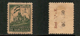 SPAIN    BARCELONA---5 CENTIMOS TAX STAMP USED W/CONTROL NUMBER (CONDITION PER SCAN) (GL1-4) - Barcelone