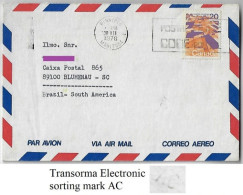 Canada 1976 Airmail Cover From Winnipeg To Brazil Prairie Mosaic Definitive Stamp 20 Cents Sorting Mark Transorma AC - Briefe U. Dokumente