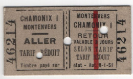 Chamonix  Monte Vers - Retour 1951 - Ticket - Documents Historiques