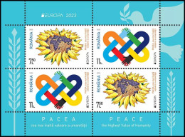 2023, Romania, Peace,  Europa-CEPT, Hands, Peace Doves, Pigeons, Souvenir Sheet Of 4, 2 Series, MNH(**), LPMP 2416a - Unused Stamps