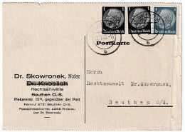 DR Postal Stationery - Dr Skowronek Lawyer And Notary Beuthen O.S Siegel January 12, 1938 3 X Stamps Hindenburg - Briefkaarten