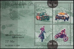Finland Suomi 1995 Motorsport Block Issue MNH Finlandia, Rally Cars, Ahvala, Mikkola, Mäkinen, Kankkunen - Motorbikes