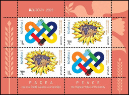 2023, Romania, Peace,  Europa-CEPT, Hands, Peace Doves, Pigeons, Souvenir Sheet Of 4, 2 Series, MNH(**), LPMP 2416b - Unused Stamps