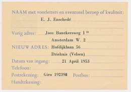 Verhuiskaart G. 22 Particulier Bedrukt Driehuis Velsen 1953 - Ganzsachen