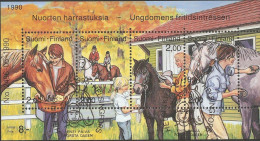 Finland Suomi 1990 Horse Care, Youth, Block Issue Cancelled Comb Feeding, Stable - Paardensport