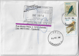Brazil 2002 Returned To Sender Cover Florianópolis Agency Ilheus Stamp Urban Bird Saffron Finch Blue-black Grassquit - Covers & Documents