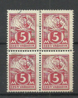 Estland Estonia 1922 Michel 37 A (striped Paper) As 4-block MNH/MH (1 Stamp Is MNH/**) NB! Vertical Fold At 2 Stamps! - Estonia