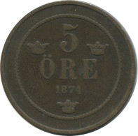 5 ORE 1874 SCHWEDEN SWEDEN Münze #AC576.2.D.A - Svezia