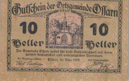 10 HELLER 1920 Stadt OSSARN Niedrigeren Österreich Notgeld Banknote #PE486 - [11] Emissions Locales
