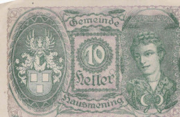 10 HELLER 1920 Stadt HAUSMENING Niedrigeren Österreich Notgeld Papiergeld Banknote #PG842 - [11] Local Banknote Issues