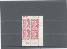 BANDE PUB -N°1011 -TYPE MULLER -15f ROSE  BLOC DE 4 N**- PUB BIC -MAURY 276b-VARIETE/1 EXEMPLAIRE OEDÈME +LARME A L'OE- - Unused Stamps