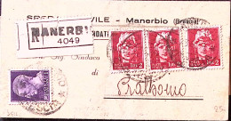 1945-Imperiale Senza Fasci Lire 1 E Tre Lire 2 (533+540) Su Piego Raccomandato M - Storia Postale