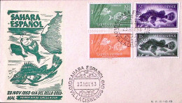 1953-SAHARA SPAGNOLO  Giornata Fr.llo PESCI Serie Cpl. (95/8) Su Fdc - Spaanse Sahara