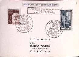 1953-Venezia ESPOSIZIONE FILATELICA EUROPEA (16.5) Annullo Speciale Su Cartolina - Demonstrationen