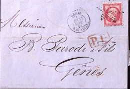 1865-Francia C.80 (24) Isolato Su Soprascritta Parigi (6.9.65) Per Genova - 1863-1870 Napoléon III. Laure