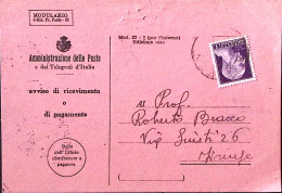 1945-Imperiale Senza Fasci. Lire 1 Su Avviso Ricevimento (Mod. 23 Ediz.1944 Nuov - Poststempel
