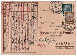 Heinr. Schmidt & Co.Zigarrenfabrik Und  & Franke Hauf-Kaffe BREMEN Siegel ENGELSDORF 28.01.1938 - Postkarten