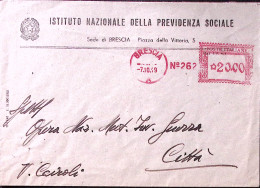 1949-INPS N 262 Brescia Lire 20 (7.10) Affrancatura Meccanica (rossa) Su Busta - Macchine Per Obliterare (EMA)