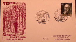 1958-SPAGNA Espos. Filatelia/Vendrel (25.7) Ann. Spec. - Covers & Documents