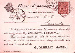 1895-GUGLIELMO HAGEN-MILANO Avviso Di Passaggio Milano (15.9) Affr. Cifra C.2 - Marcofilía