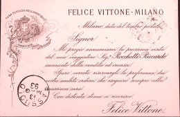 1893-FELICE VITTONE MILANO Cartolina Avviso Di Passaggio Milano (12.5) - Marcofilie