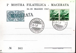 1947-MACERATA 1 Mostra Filatelica (25.5) Annullo Speciale Su Cartolina - 1946-60: Marcophilie